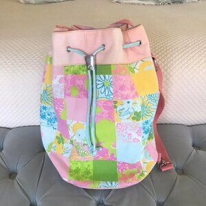 Lilly Pulitzer White Label Patchwork  Drawstring Bucket Beach Bag